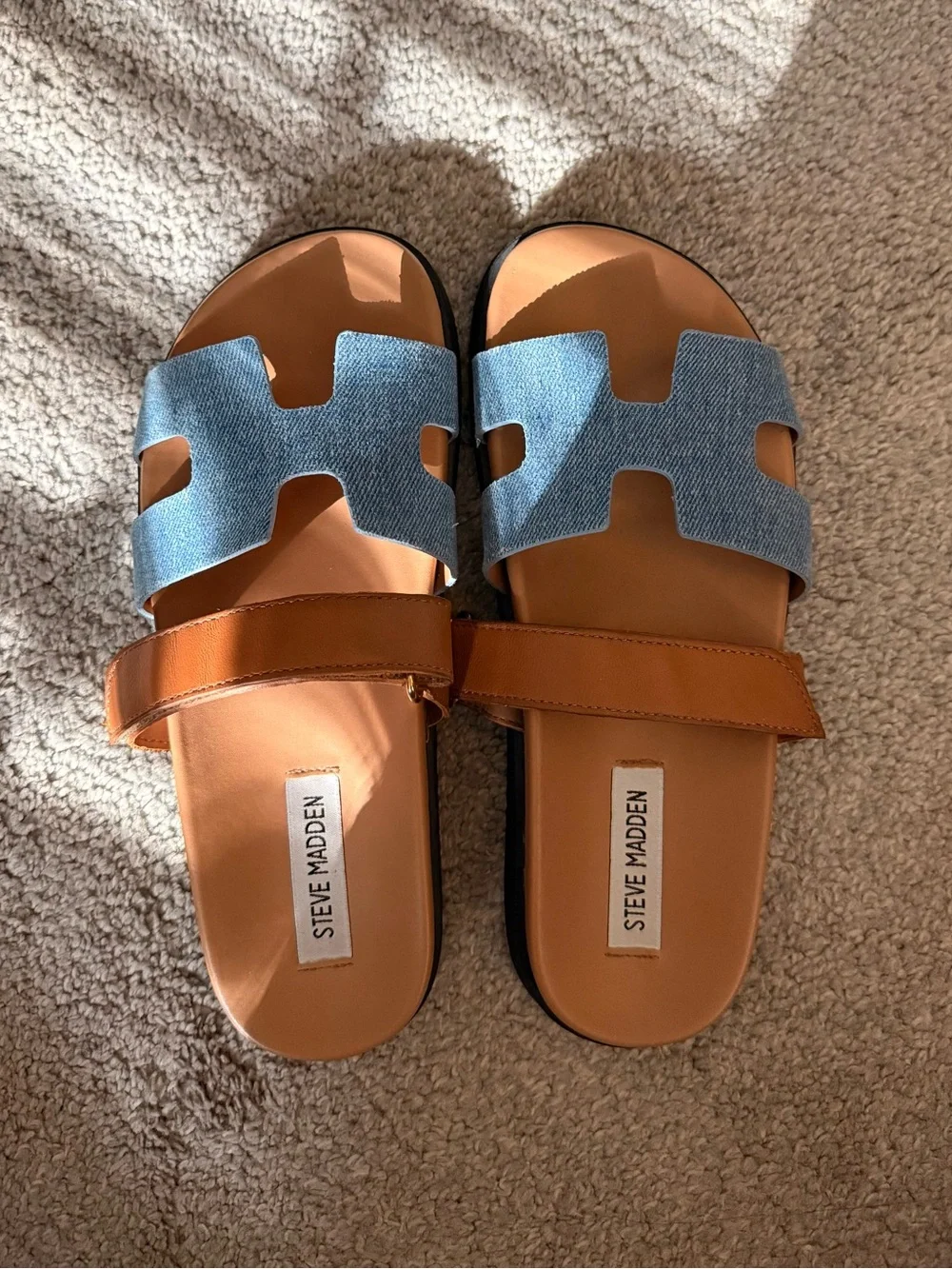 Steve Madden Denim Blue & Tan Leather Strap Slide Sandals
